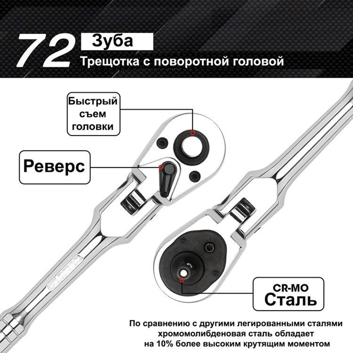 Ключ трещоточный  1/4" удлиненная с поворотной головкой WORKPRO