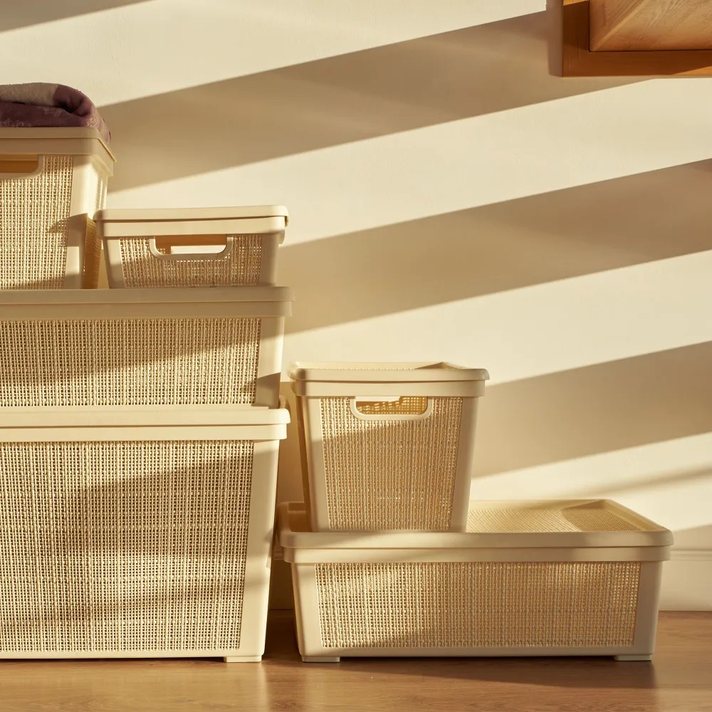 Плетёная корзина для хранения с крышкой «Лён» 11 л (400х284х137 мм) слоновая кость