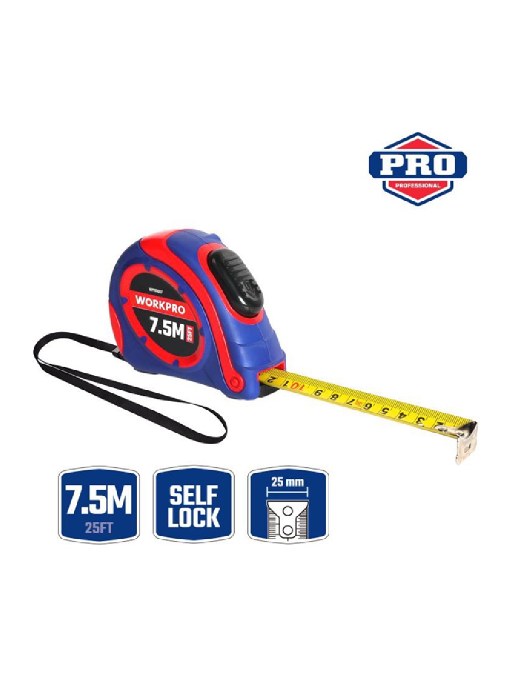 Рулетка 7,5 м х 25 мм автостоп, метрическая и дюймовая шкала WORKPRO