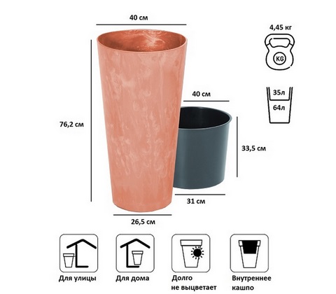 Кашпо для цветов Tubus Slim Beton Effect DTUS400E-R624 терракотовый 2 предмета 35 и 64 л