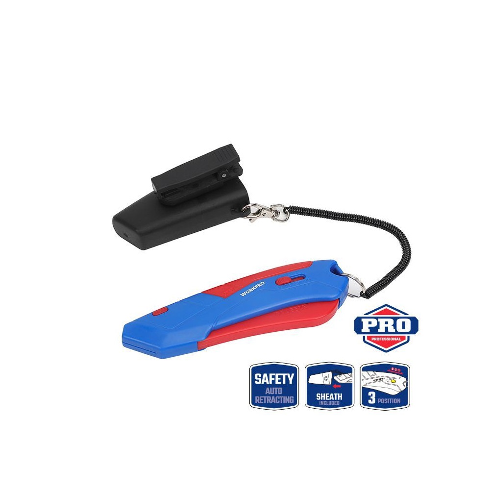 Нож с функцией безопасного выдвижения лезвия (с чехлом) +4 лезвия WORKPRO