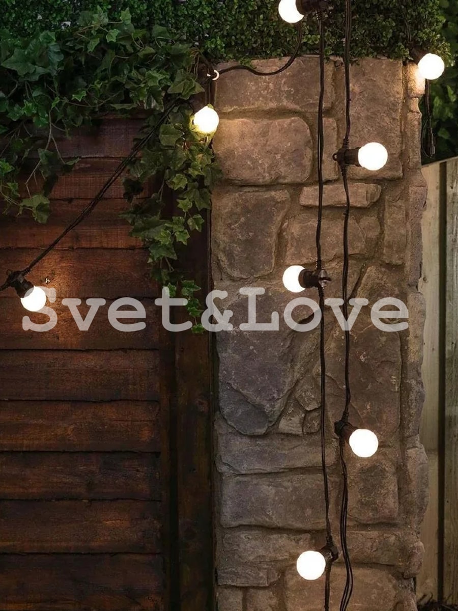 Уличная ретро гирлянда, черный круглый провод, 20 лампочек белых, 1 Вт