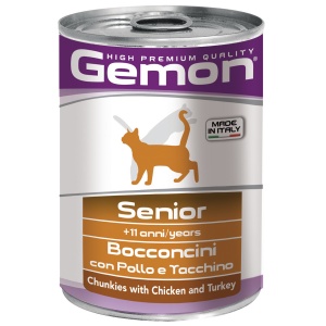 Gemon Cat консервы для пожилых кошек кусочки курицы с индейкой 415г