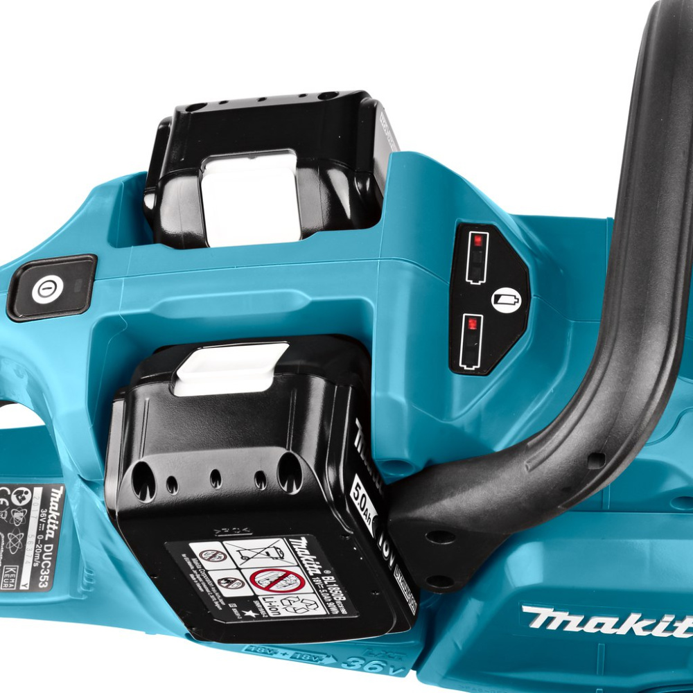 Пила цепная аккумуляторная Makita DUC353CT2 LXT BL 2х18В, 14"/35см, 3/8", 1,1мм, 20м/с, XPT, (2xBL1850B, DC18SH)