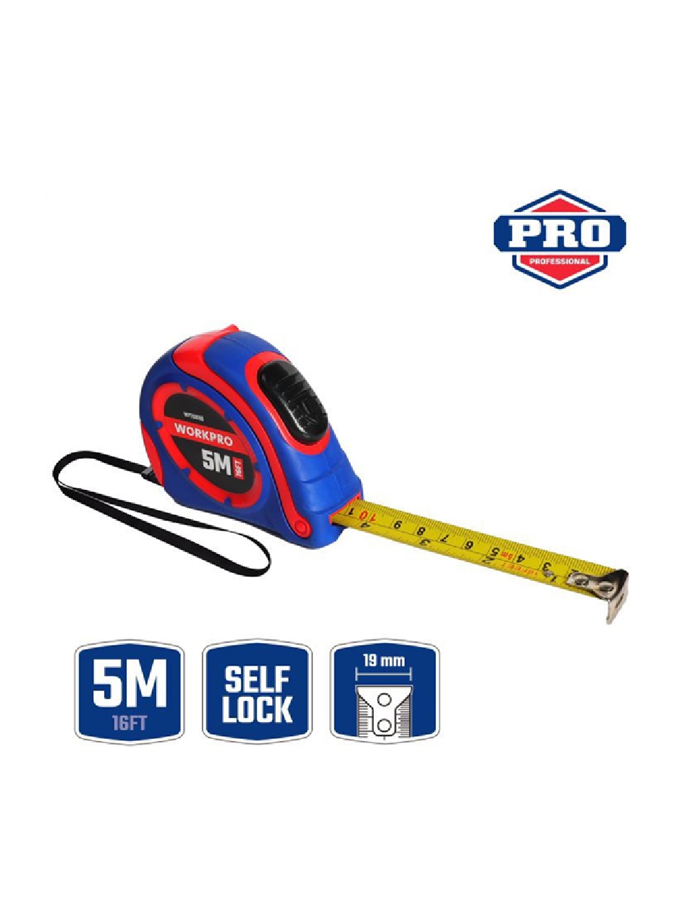 Рулетка 5 м х 19 мм автостоп, метрическая и дюймовая шкала WORKPRO