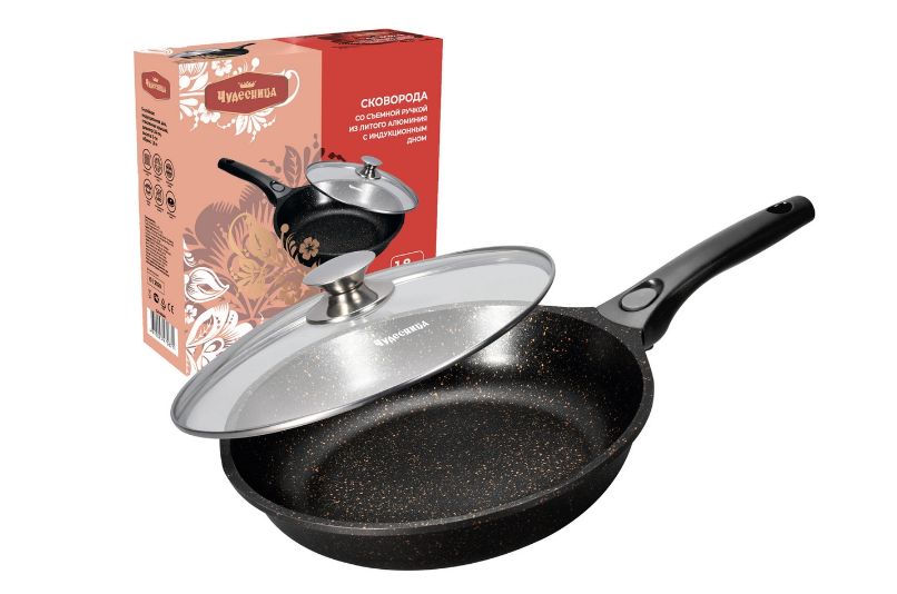 Сковорода со съемной ручкой со стеклянной крышкой ЧУДЕСНИЦА 24см