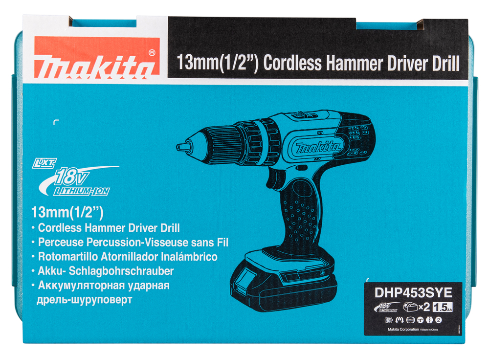 Ударная дрель-шуруповерт аккумуляторная Makita DHP453SYE LXT 18В, 2х1.5 Ач, 42 Нм, 1300 об/мин