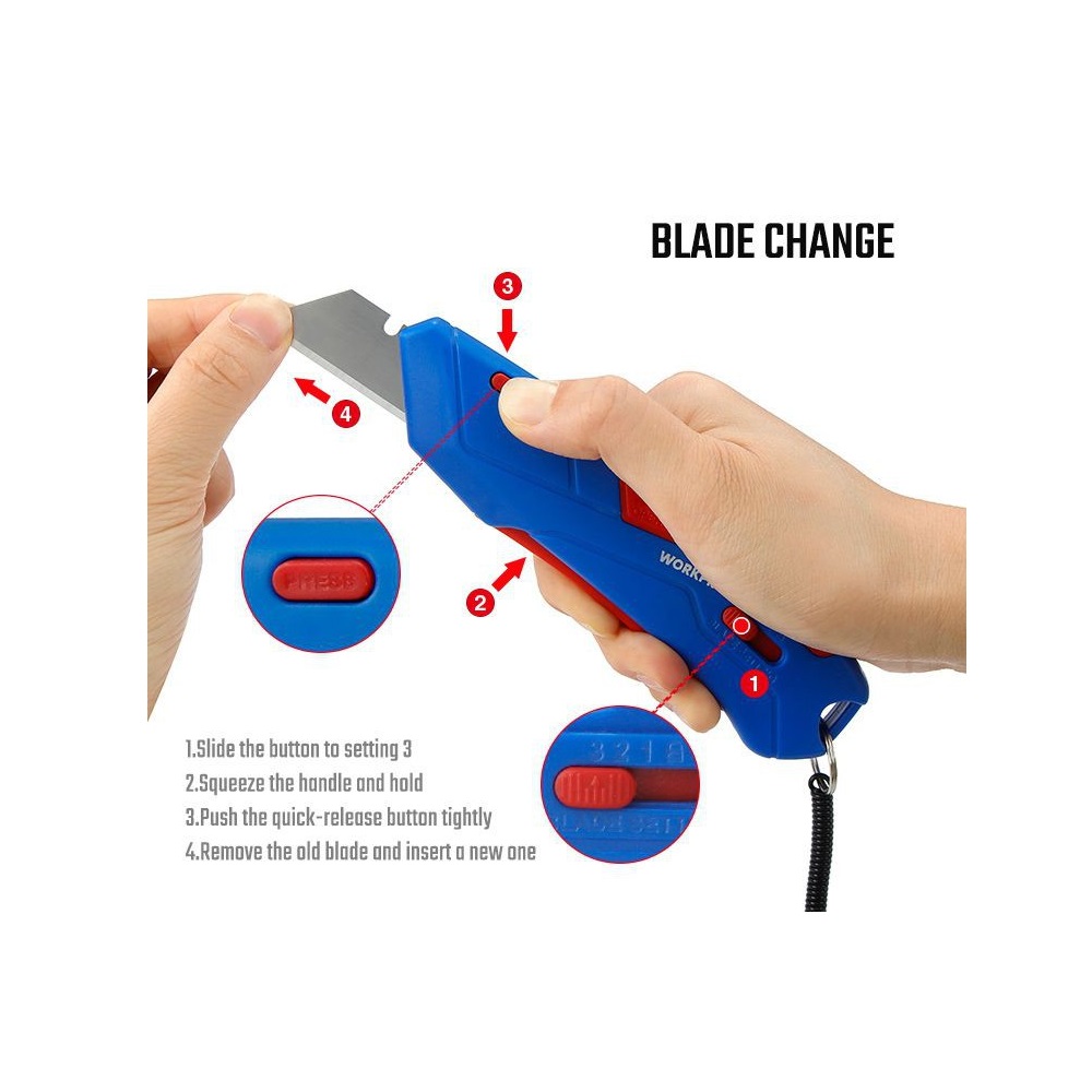 Нож с функцией безопасного выдвижения лезвия (с чехлом) +4 лезвия WORKPRO