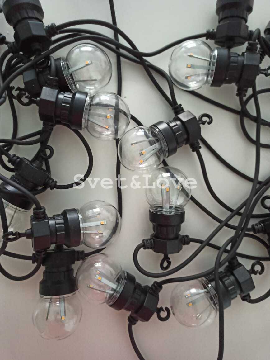 Уличная ретро гирлянда, черный круглый провод, 20 лампочек матовых, 1 Вт