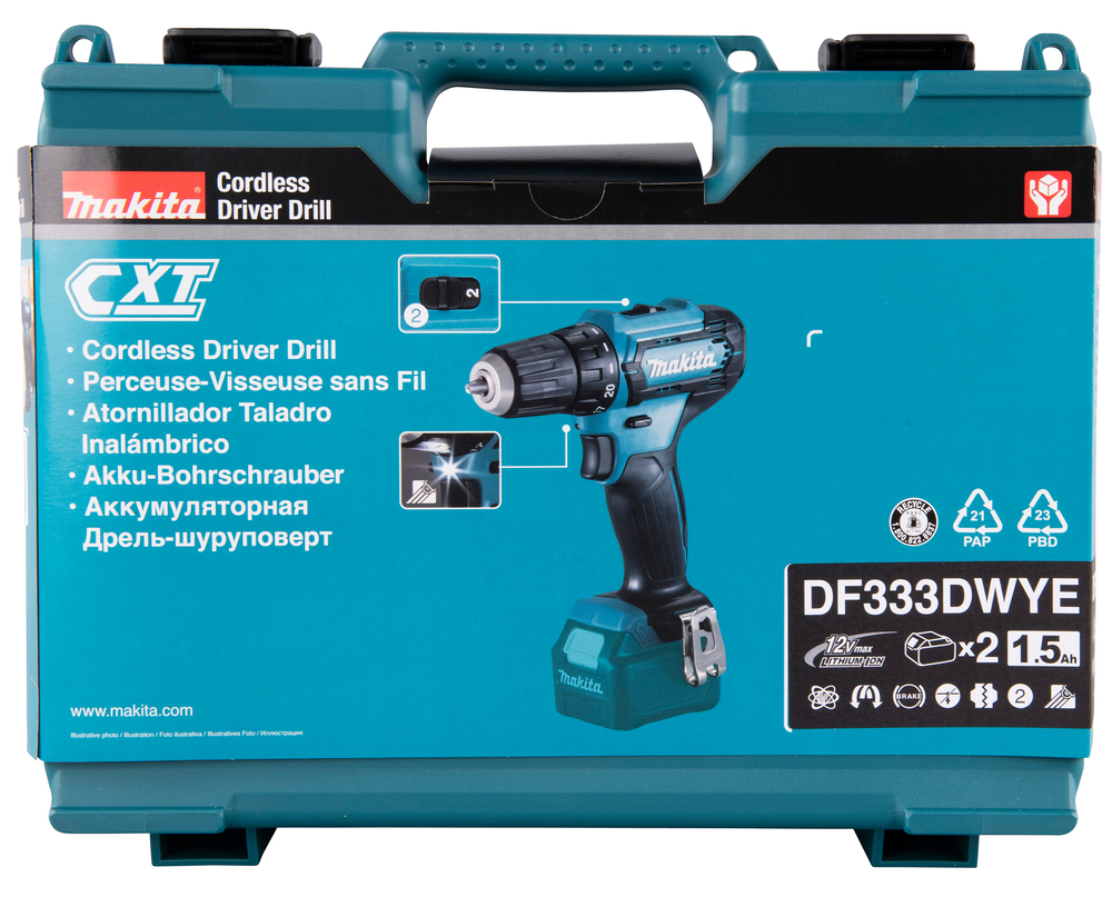Дрель-шуруповерт аккумуляторная Makita DF333DYX14 CXT 12В, 2х1.5 Ач Li-ion, 30 Нм, 1700 об/мин, набор бит D-31083