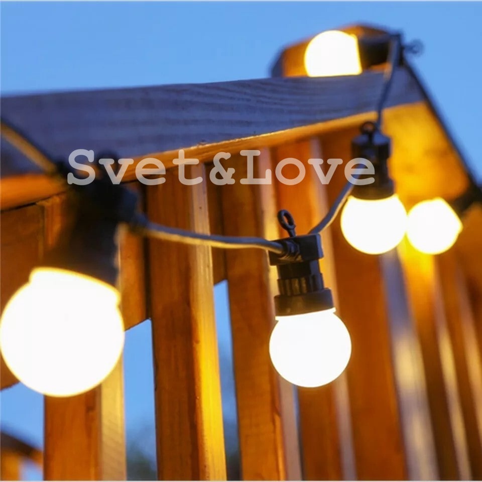 Уличная ретро гирлянда, черный круглый провод, 20 лампочек белых, 1 Вт