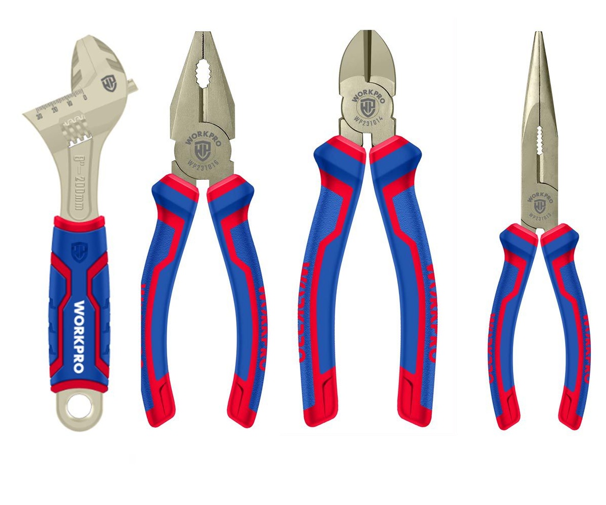 Набор из 4 инструментов (пассатижи, бокорезы, длинногубцы, гаечный ключ)  WORKPRO