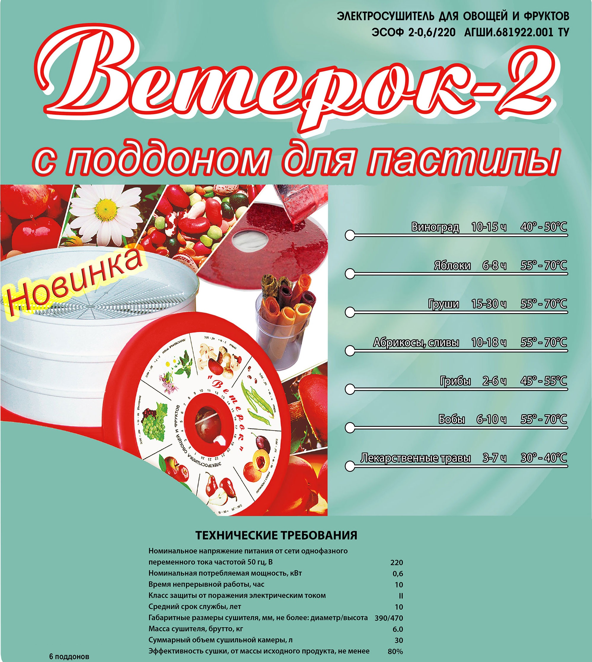 Электросушилка для овощей и фруктов "Ветерок-2" 40 см 6 поддонов прозрачных + поддон для пастилы