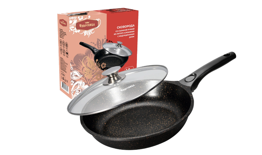 Сковорода со съемной ручкой со стеклянной крышкой ЧУДЕСНИЦА 28см