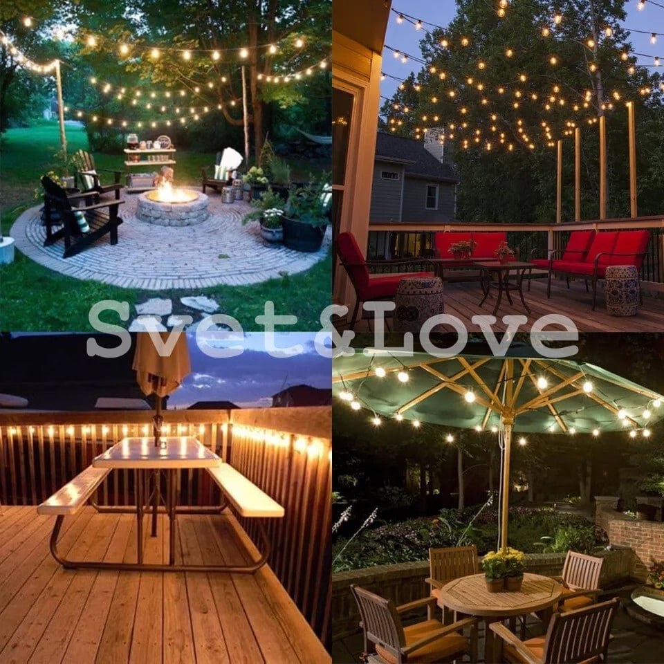 Уличная ретро гирлянда, черный круглый провод, 20 лампочек белых, 1 Вт