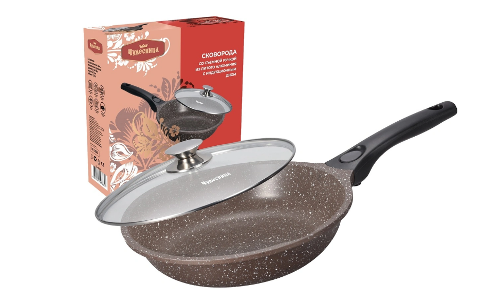 Сковорода со съемной ручкой со стеклянной крышкой ЧУДЕСНИЦА 28см