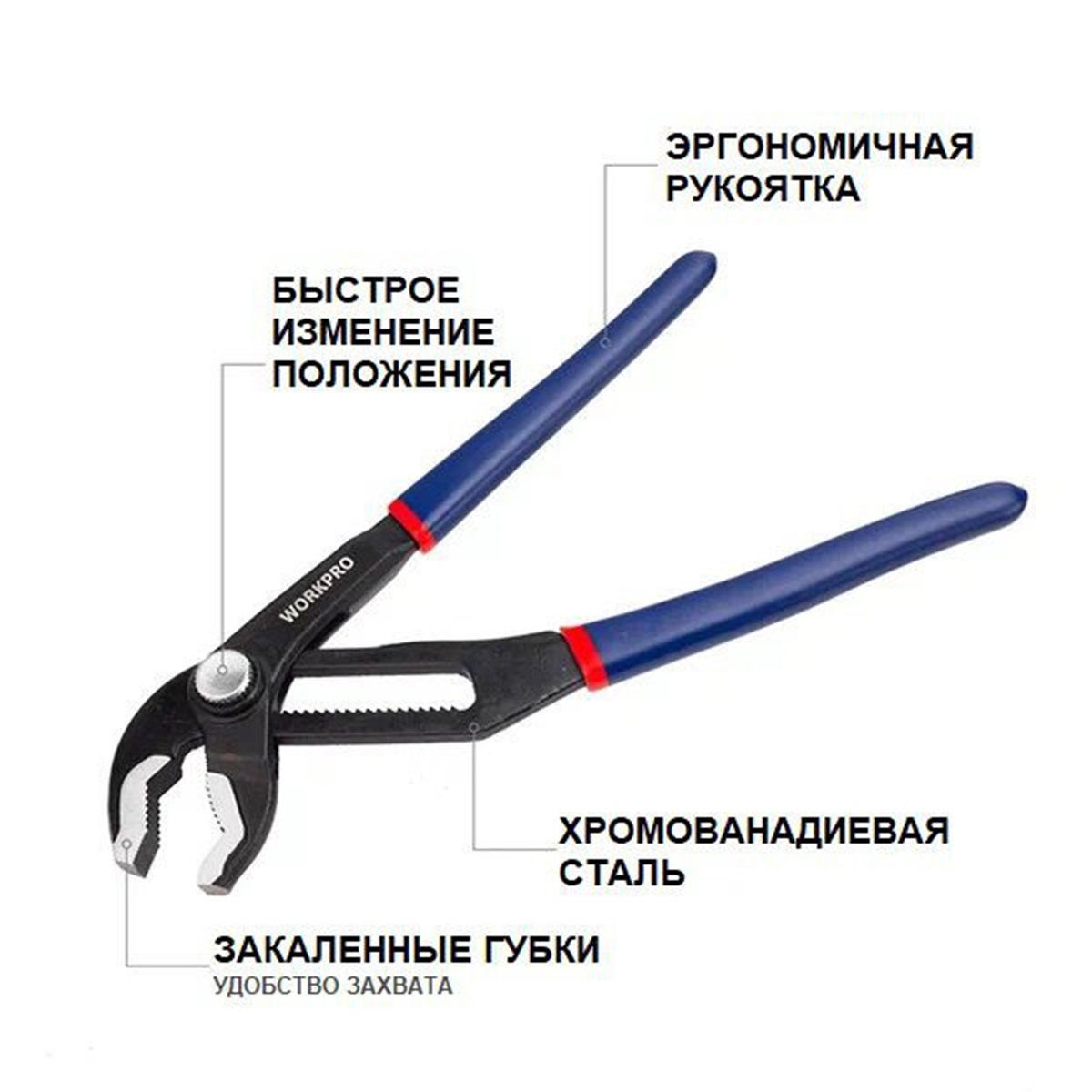 Набор клещей переставных 200 мм и 250 мм  CR-V  (с кнопкой) WORKPRO