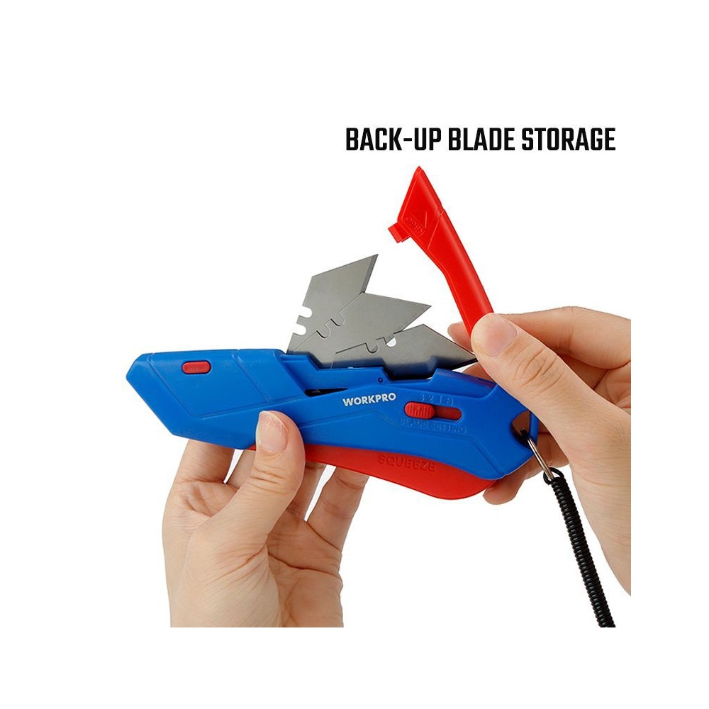 Нож с функцией безопасного выдвижения лезвия (с чехлом) +4 лезвия WORKPRO