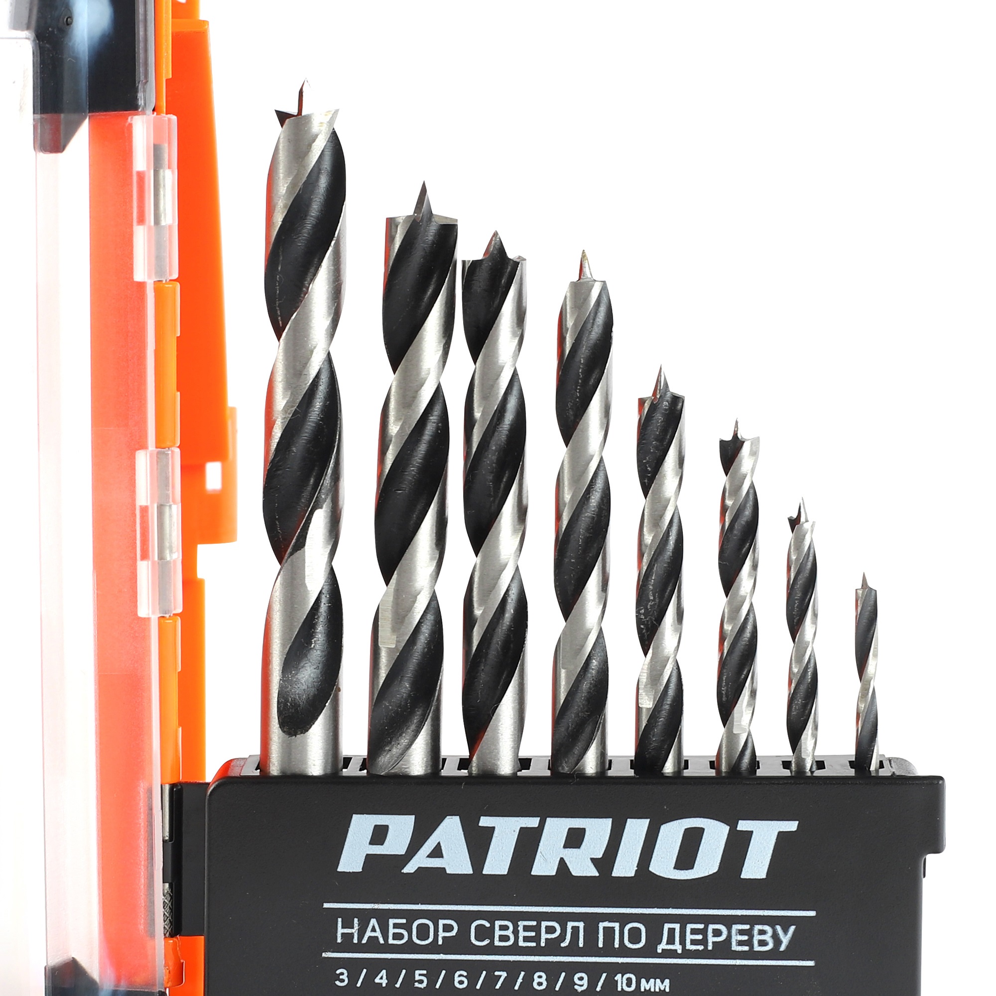 Набор сверл по дереву  PATRIOT спиральные, W-образная заточка,  8 шт: 3-10 мм, в пластиковом боксе