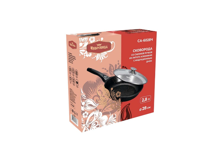 Сковорода со съемной ручкой со стеклянной крышкой ЧУДЕСНИЦА 28см