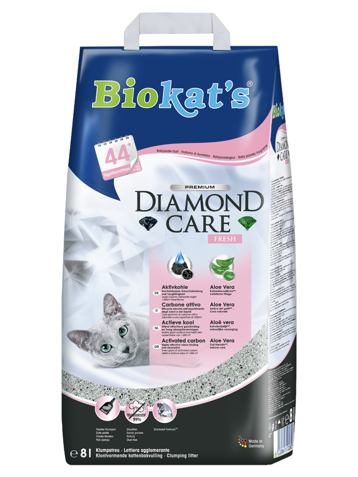 BIOKAT'S Diamond Care FRESH наполнитель комкующийся с активированным углем с ароматизатором 8л