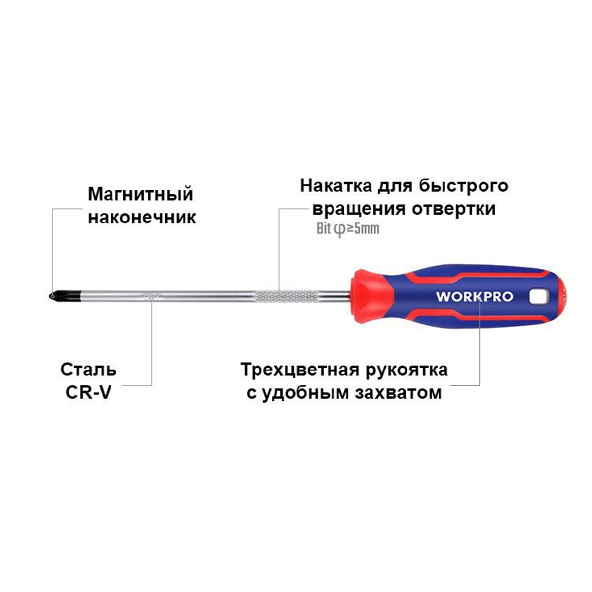 Отвертка крестовая с магнитным наконечником POZIDRIV PZ3х150 мм CR-V WORKPRO