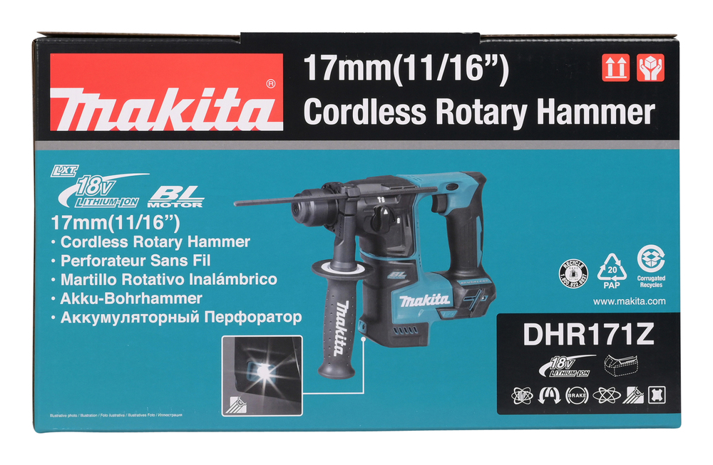 Перфоратор аккумуляторный Makita DHR171Z LXT 18В, 17 мм, 1,2 Дж, SDS-PLUS, без акб и ЗУ