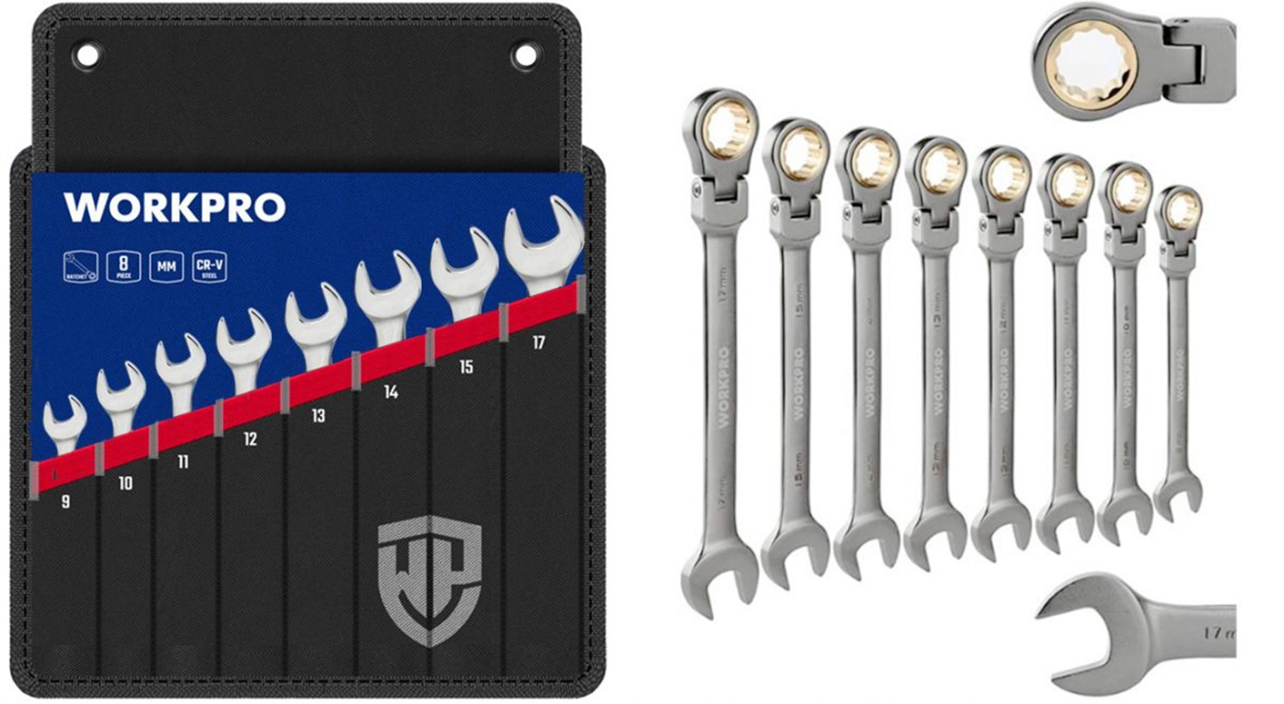 Набор  ключей комбинированных 8 шт (9-17 мм) с храповым механизмом и шарниром в чехле WORKPRO