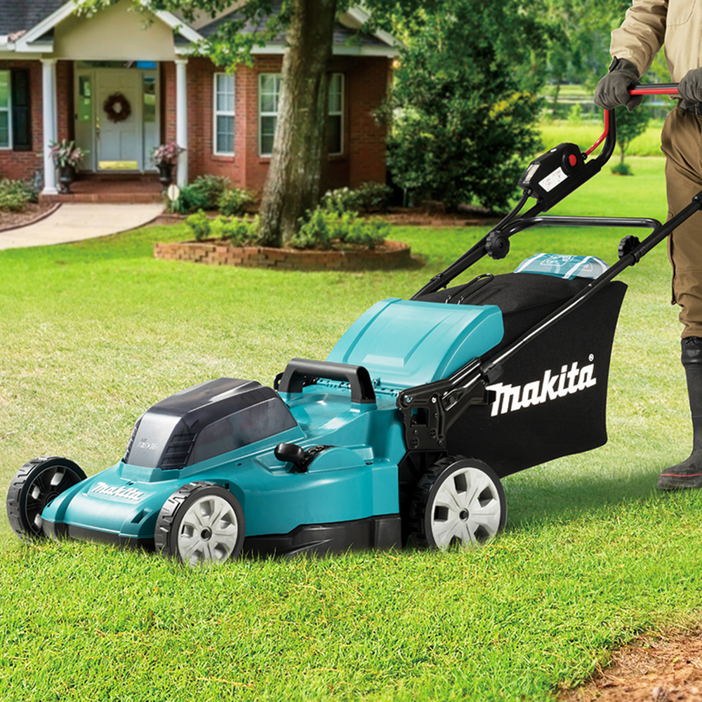 Газонокосилка аккумуляторная Makita DLM480CT2 LXT 2х18В, 860Вт, дека 48см, 62л, 4в1, XPT, (2xBL1850B, DC18SH)