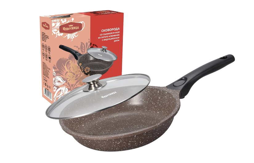 Сковорода со съемной ручкой со стеклянной крышкой ЧУДЕСНИЦА 24см