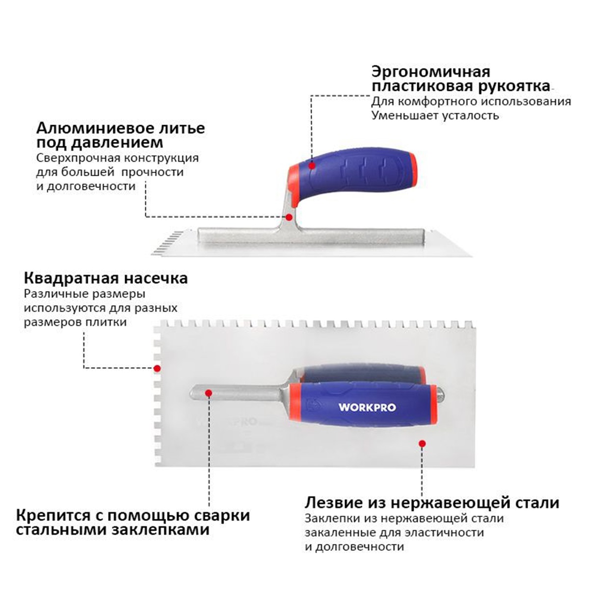Гладилка из нержавейки 280х130х0,7мм, зубья  12х12 мм  WORKPRO