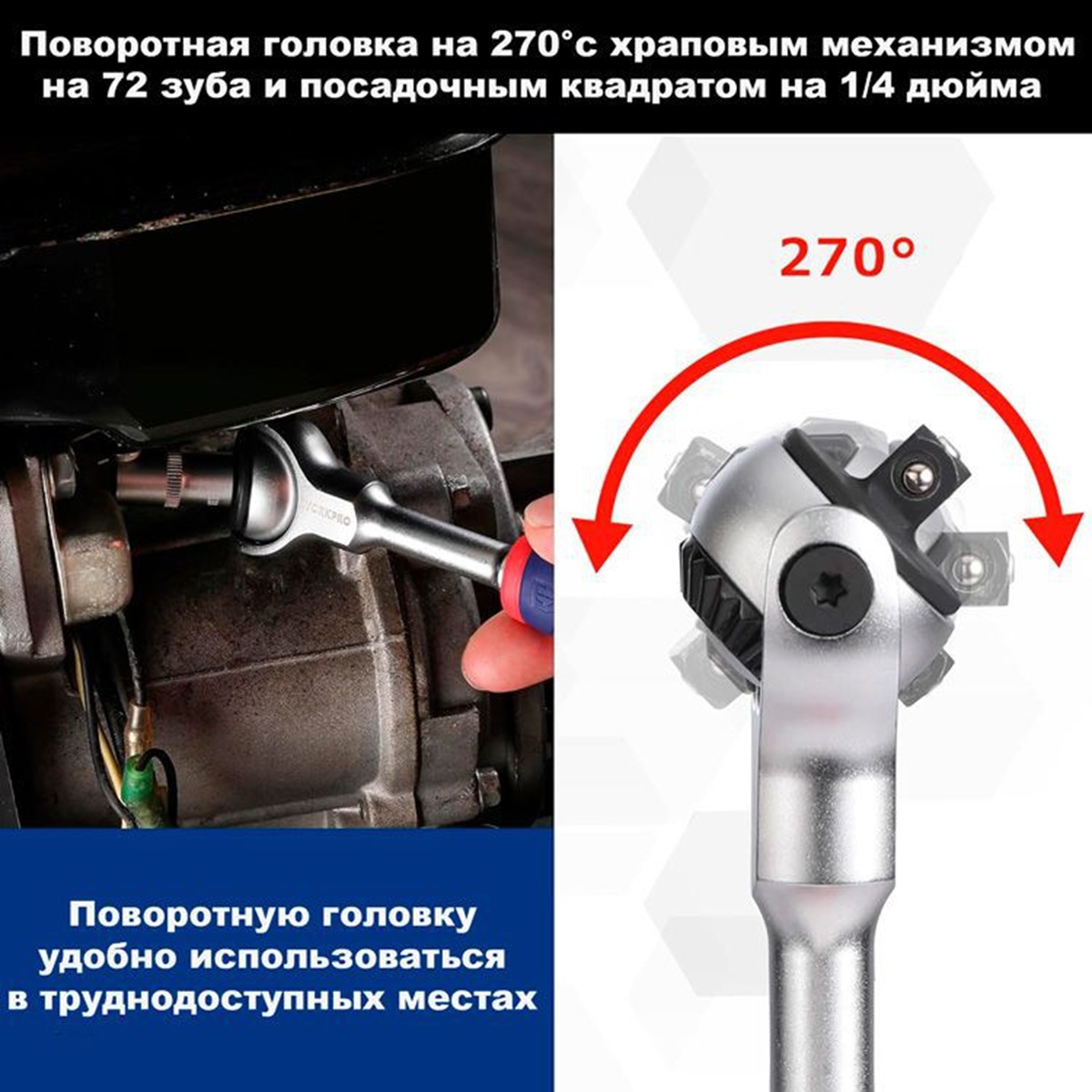 Трещотка ручная 1/4" 72 зуба с поворотной головой типа циклоп WORKPRO