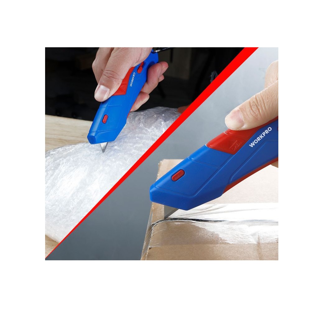 Нож с функцией безопасного выдвижения лезвия (с чехлом) +4 лезвия WORKPRO