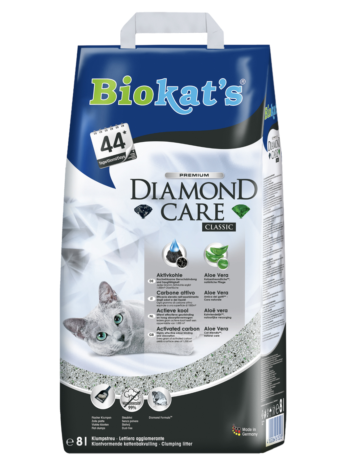 BIOKAT'S Diamond Care CLASSIC наполнитель комкующийся с активированным углем 8л