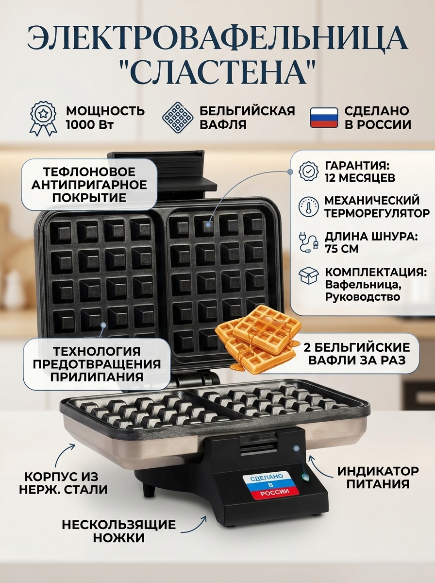 Электровафельница "Сластена-бельгийская вафля" ЭВ-2 тефлон