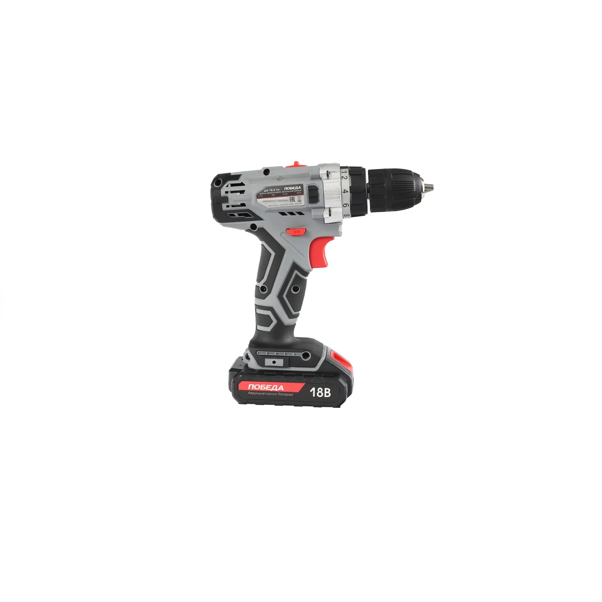 Дрель-шуруповерт аккумуляторная ПОБЕДА ДА-18/2 Ли, 2 АКБ, 18 В, 2,2 Ач, 38 Нм