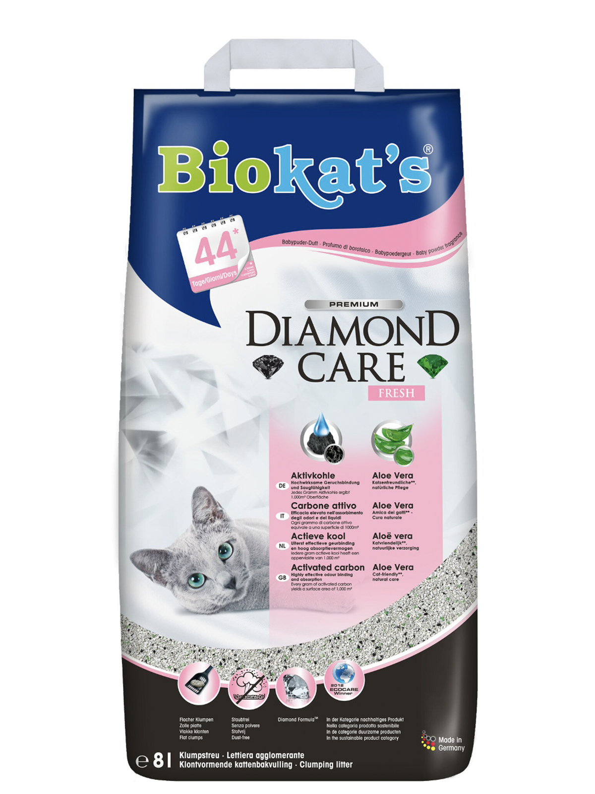 BIOKAT'S Diamond Care FRESH наполнитель комкующийся с активированным углем с ароматизатором 8л