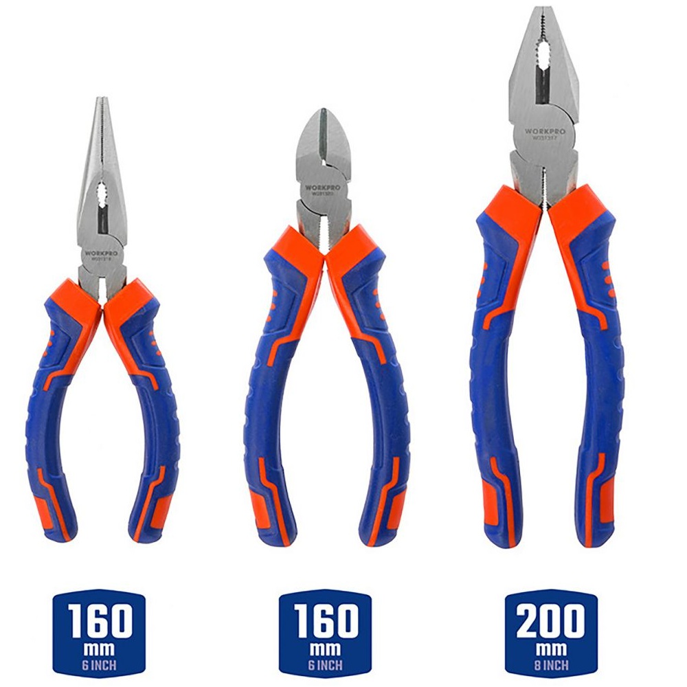 Набор из 3 инструментов (пассатижи 200 мм, бокорезы 160 мм, длинногубцы 160 мм)  WORKPRO
