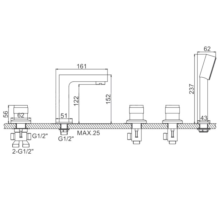 СМЕСИТЕЛЬ LEDEME L1187 ВРЕЗНОЙ В БОРТ ВАННЫ, 5 ОТВЕРСТИЙ