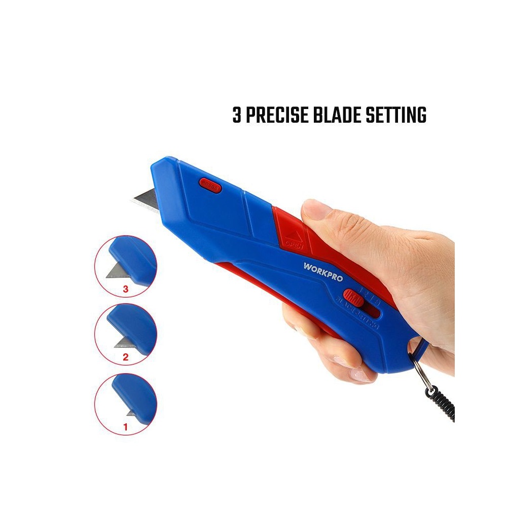 Нож с функцией безопасного выдвижения лезвия (с чехлом) +4 лезвия WORKPRO