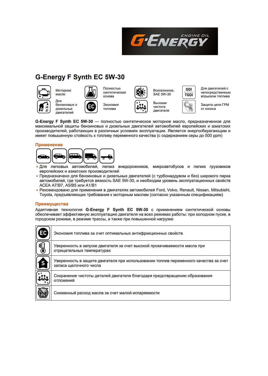 Моторное масло G-Energy F Synth EC 5W-30 1л