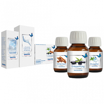 Комплект №2 - Очиститель, Гигиеническая добавка и 3-и ароматические добавки  Зимняя мечта, Цитрусовый сад, Успокоительный для моек воздуха Venta