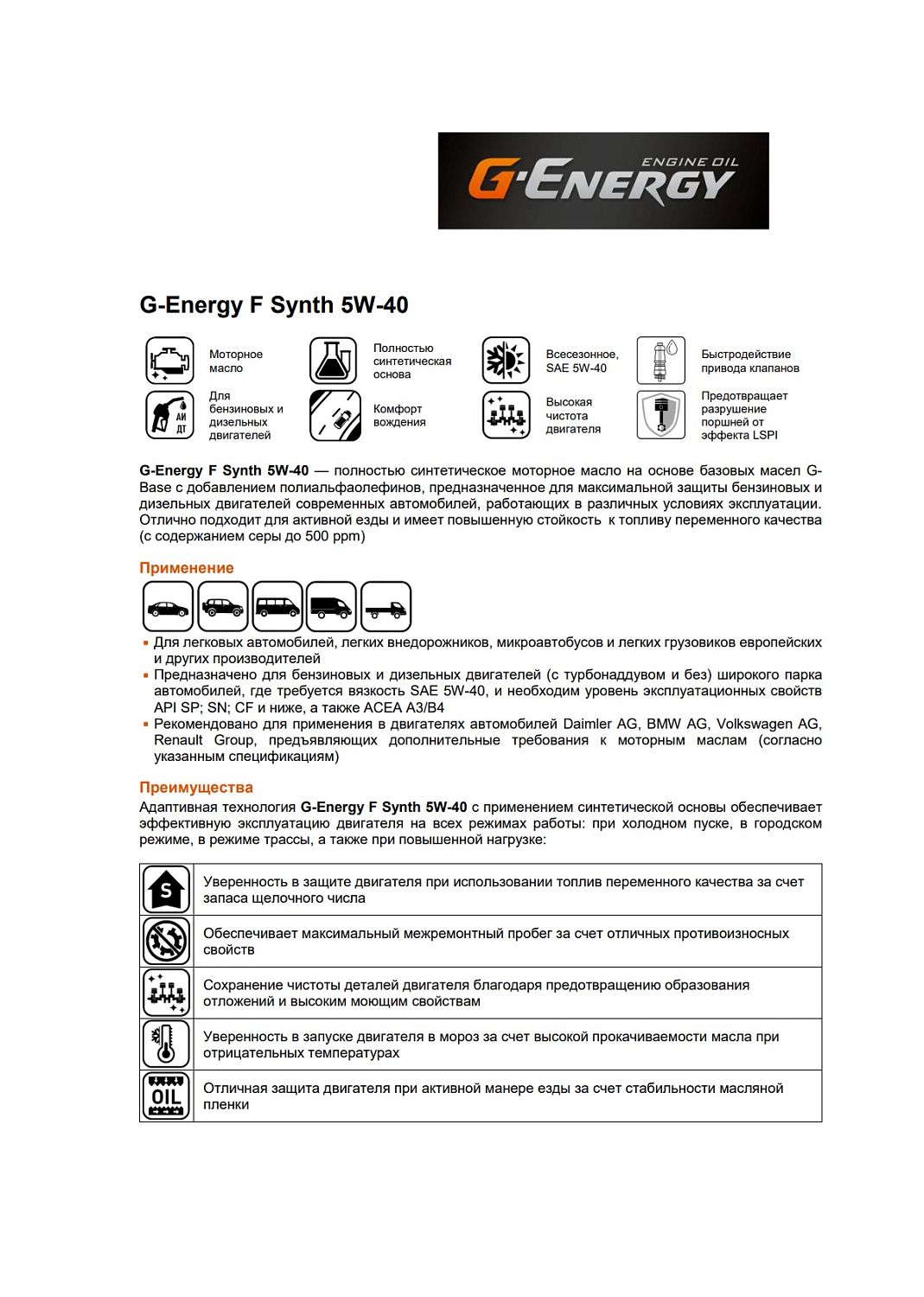 Моторное масло G-Energy F Synth 5W-40 1л