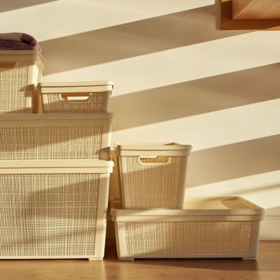 Плетёная корзина для хранения с крышкой «Лён» 11 л (400х284х137 мм) слоновая кость