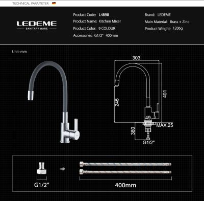 СМЕСИТЕЛЬ ДЛЯ КУХНИ LEDEME L4898-8, ГИБКИЙ ИЗЛИВ ФИОЛЕТОВЫЙ