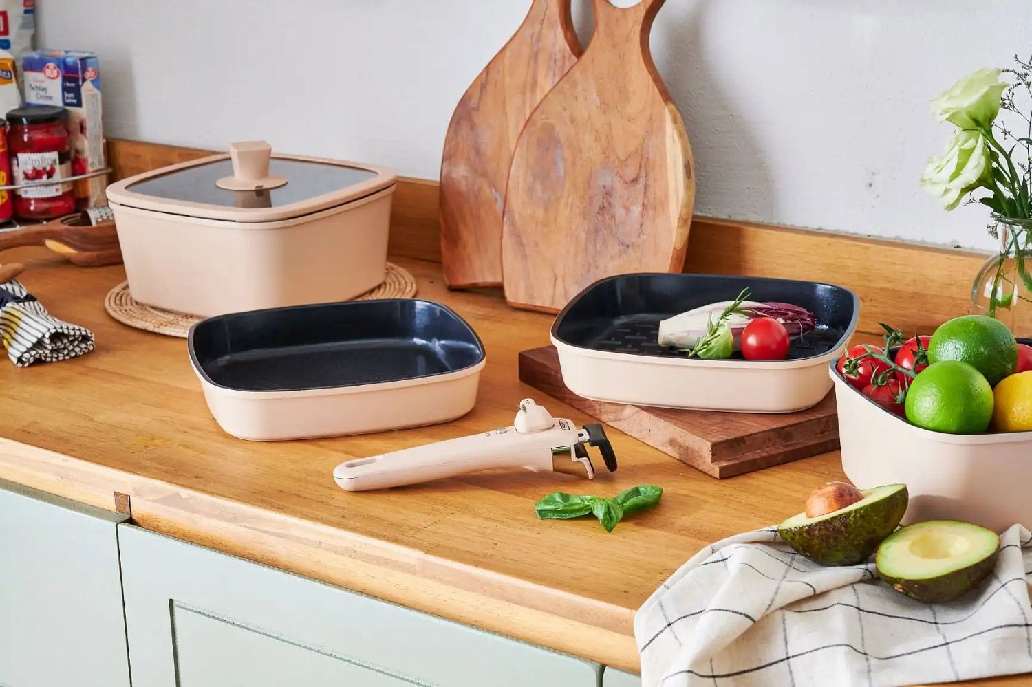 Набор посуды BoOhgle (бежевый) 5 в 1 со съемной ручкой c антипригарным керамическим покрытием