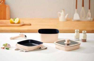 Набор посуды BoOhgle (бежевый) 5 в 1 со съемной ручкой c антипригарным керамическим покрытием