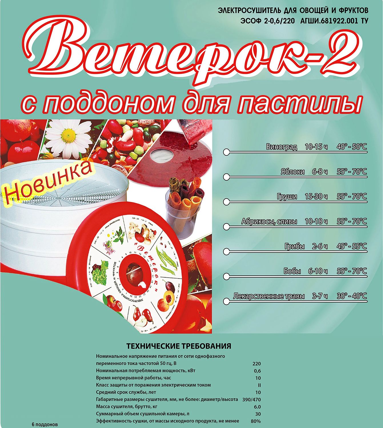 Электросушилка для овощей и фруктов "Ветерок-2" 40 см 6 поддонов прозрачных + поддон для пастилы 