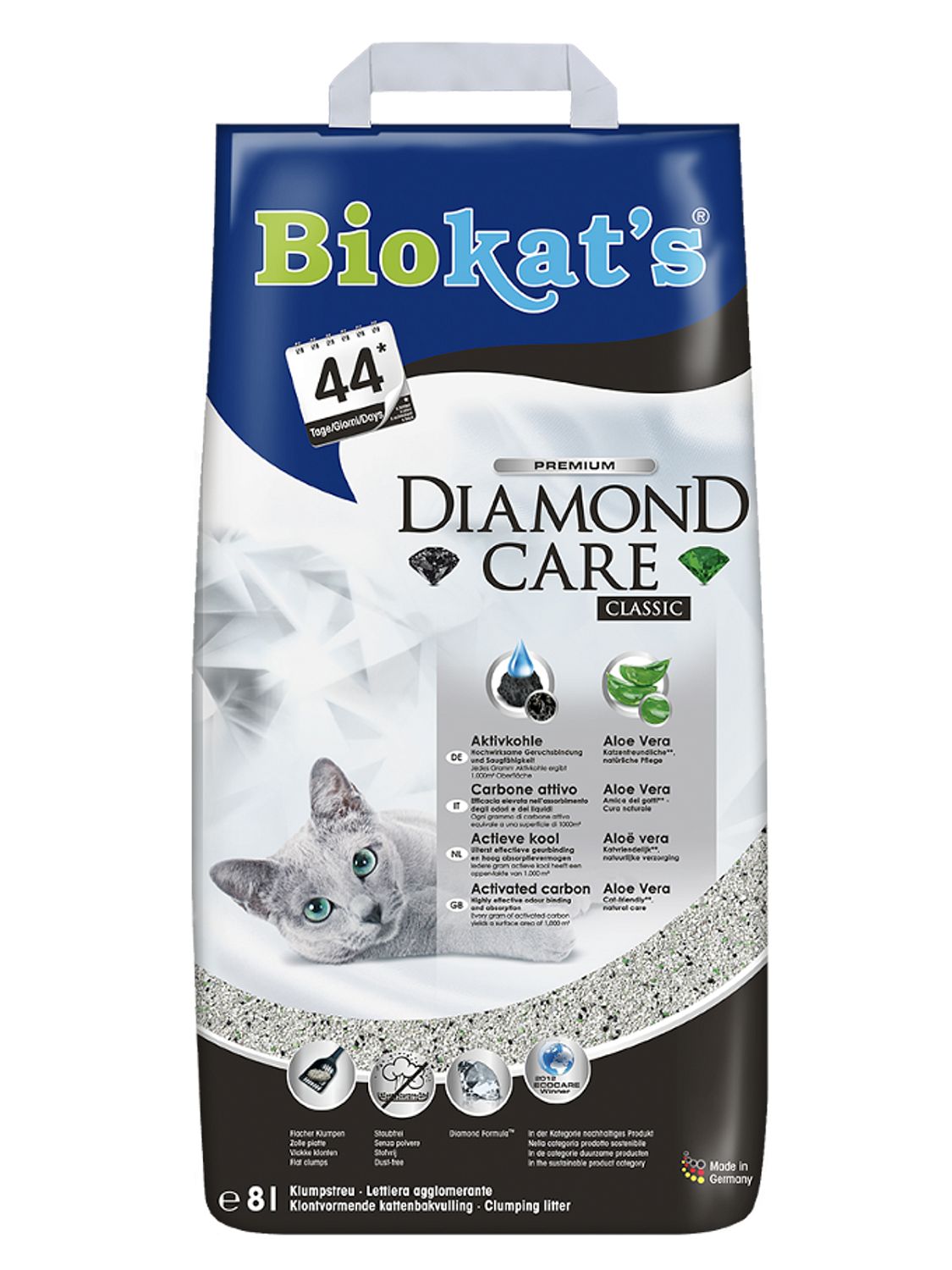 BIOKAT'S Diamond Care CLASSIC наполнитель комкующийся с активированным углем 8л