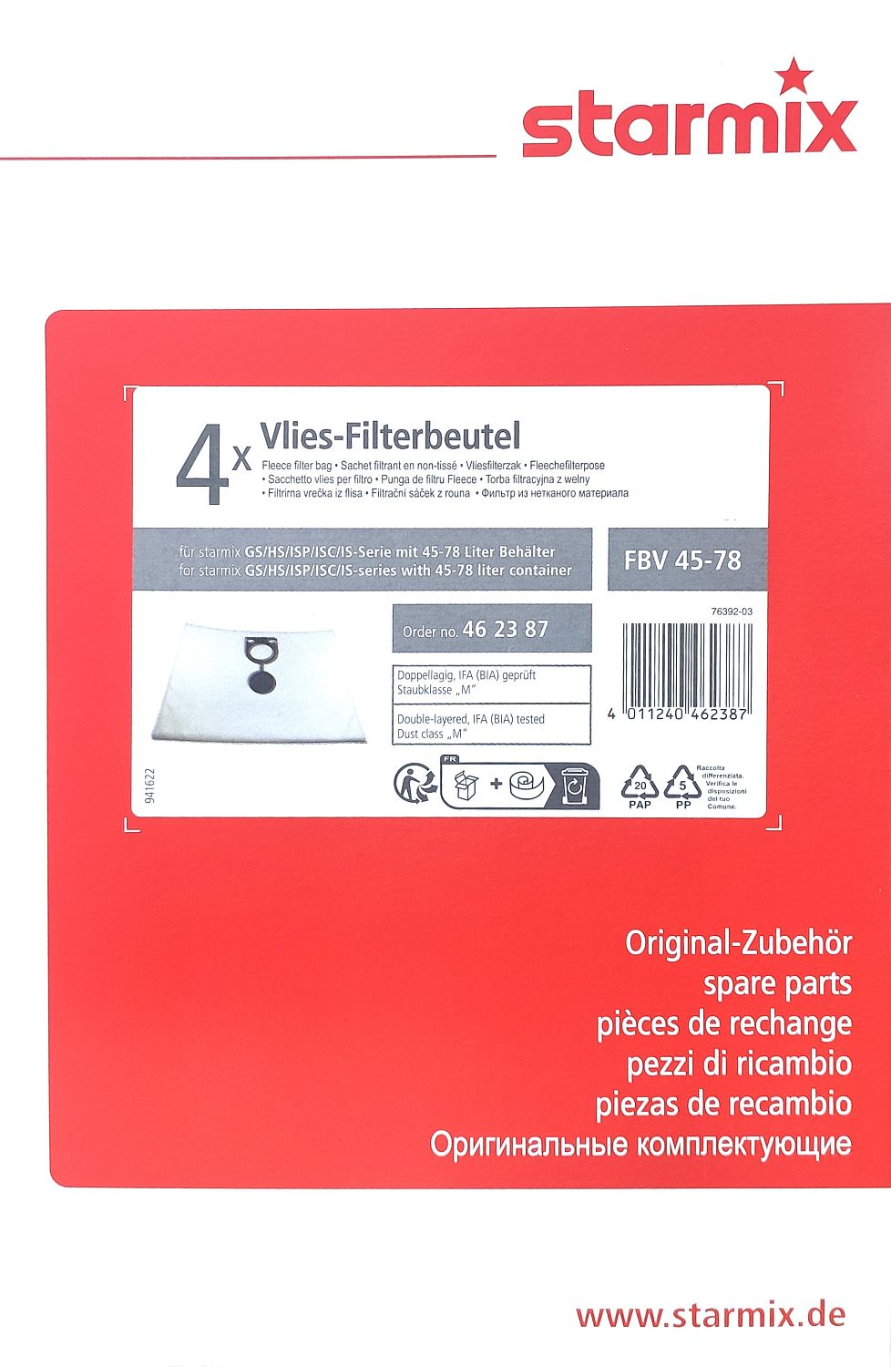 462387 Фильтр флисовый FBV 45/78 (4шт.) Starmix